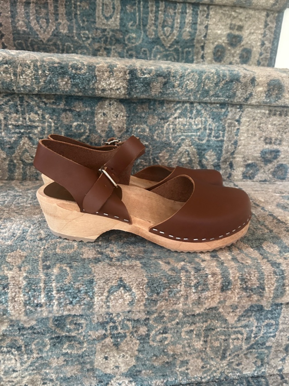 Mia Shoes Brown Leather Open-Back Clog Sandals with Ankle Strap - Picture 2 of 4